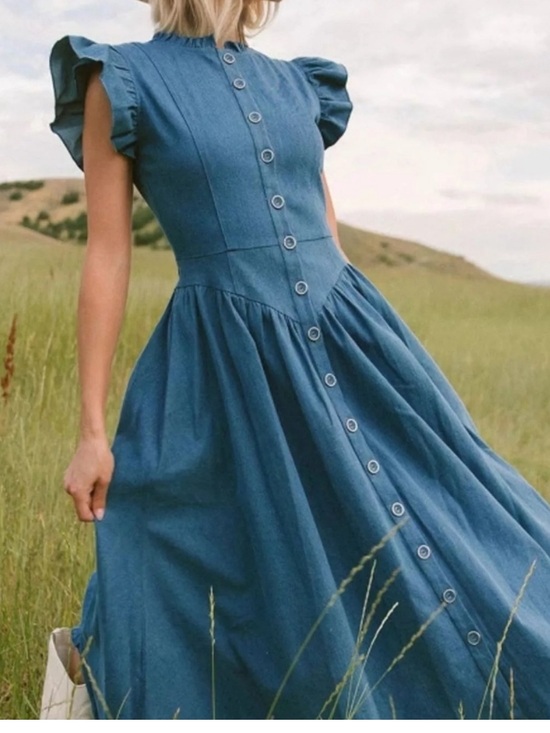 Ivy City Co Dresses & Skirts - Ivy City Co Blue Denim MIDI Dress Ruffle Trim Button Front Size 4 Western Chic